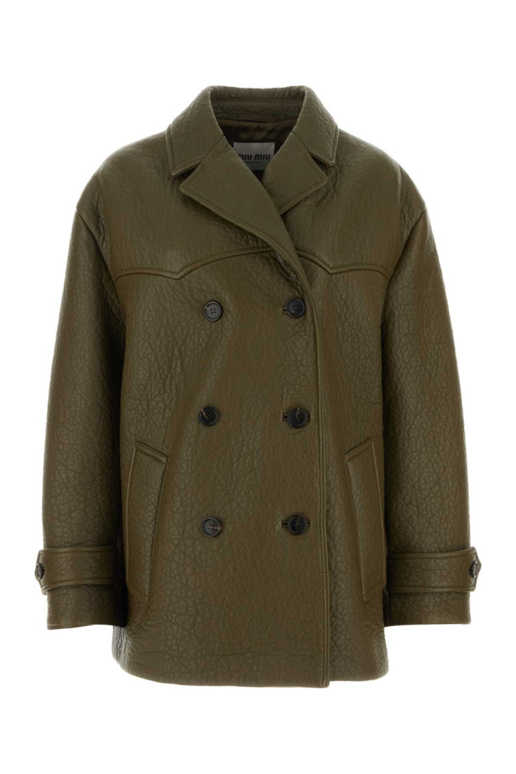 Miu Miu Olive Double-breasted Leather Jacket In Olive