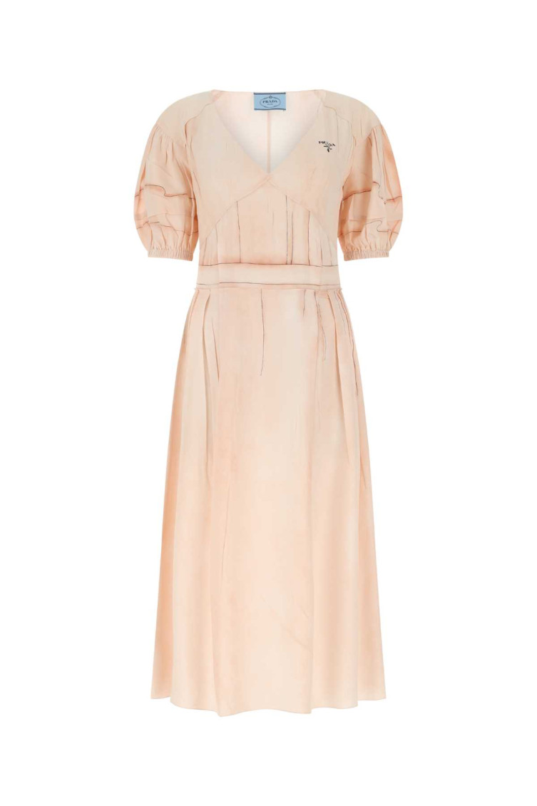 Prada Silk Dress With Pleated Detailing And Puff Sleeves In Light Pink