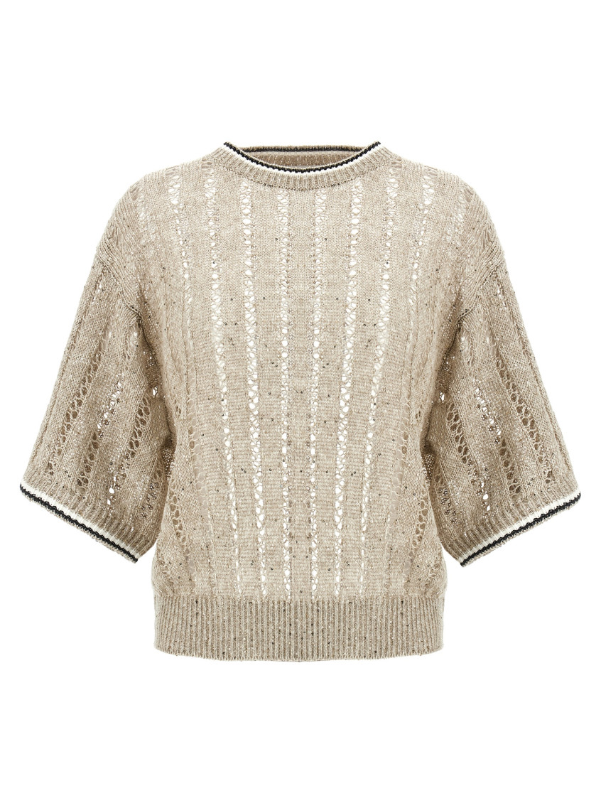 Brunello Cucinelli Sequined Open-knit Linen-blend Top In Beige