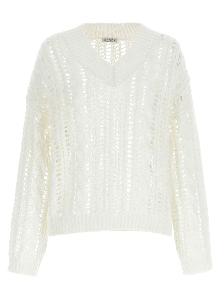 Shop Brunello Cucinelli White Crochet Sweater