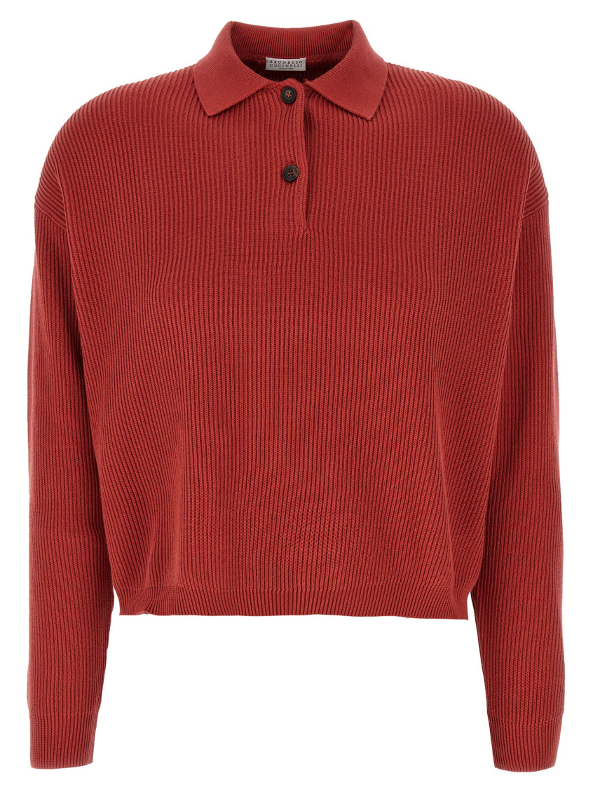 Brunello Cucinelli Ribbed Cotton Knit Polo Shirt In Red