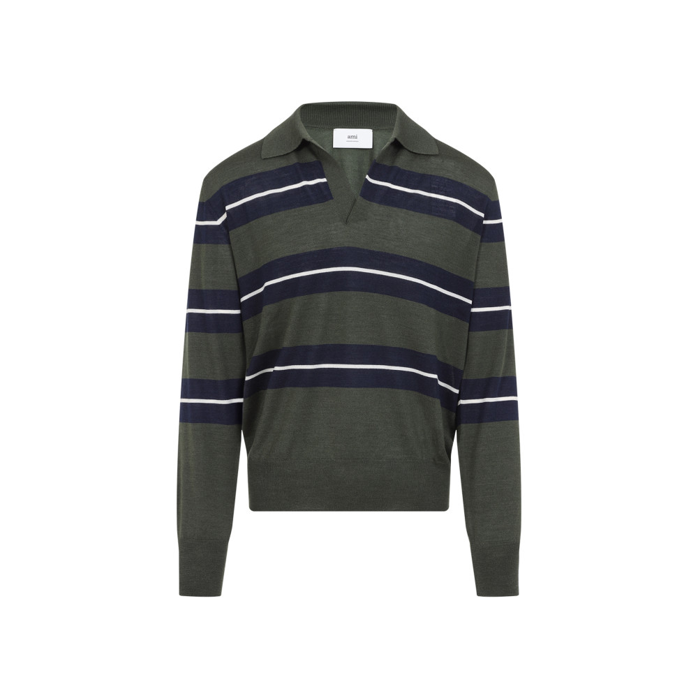 Ami Alexandre Mattiussi Ami Paris Green Polo With All-over Striped Motif And Polo-style Collar In Wool And Silk Blend Man In Green