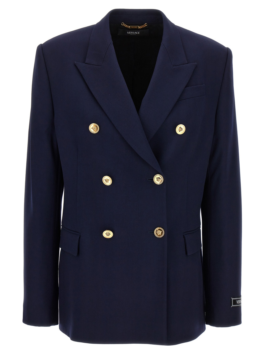 VERSACE BLUE DOUBLE-BREASTED STRETCH WOOL BLAZER 