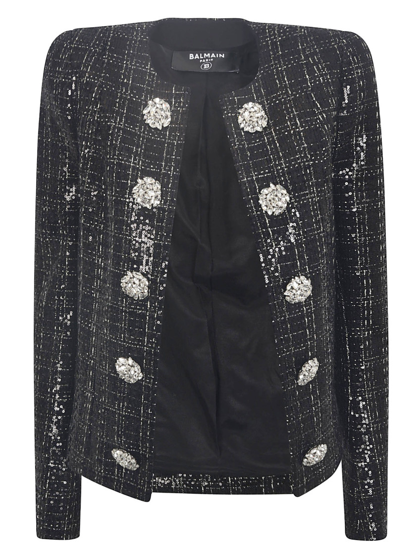 Shop Balmain Black Tweed Sequin Blazer