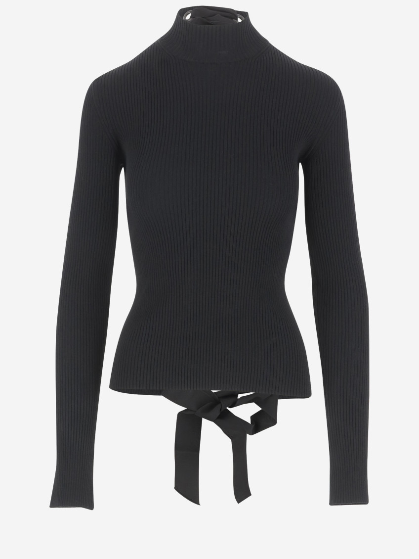 Balenciaga Black Lace-up Fitted Turtleneck Top In Black