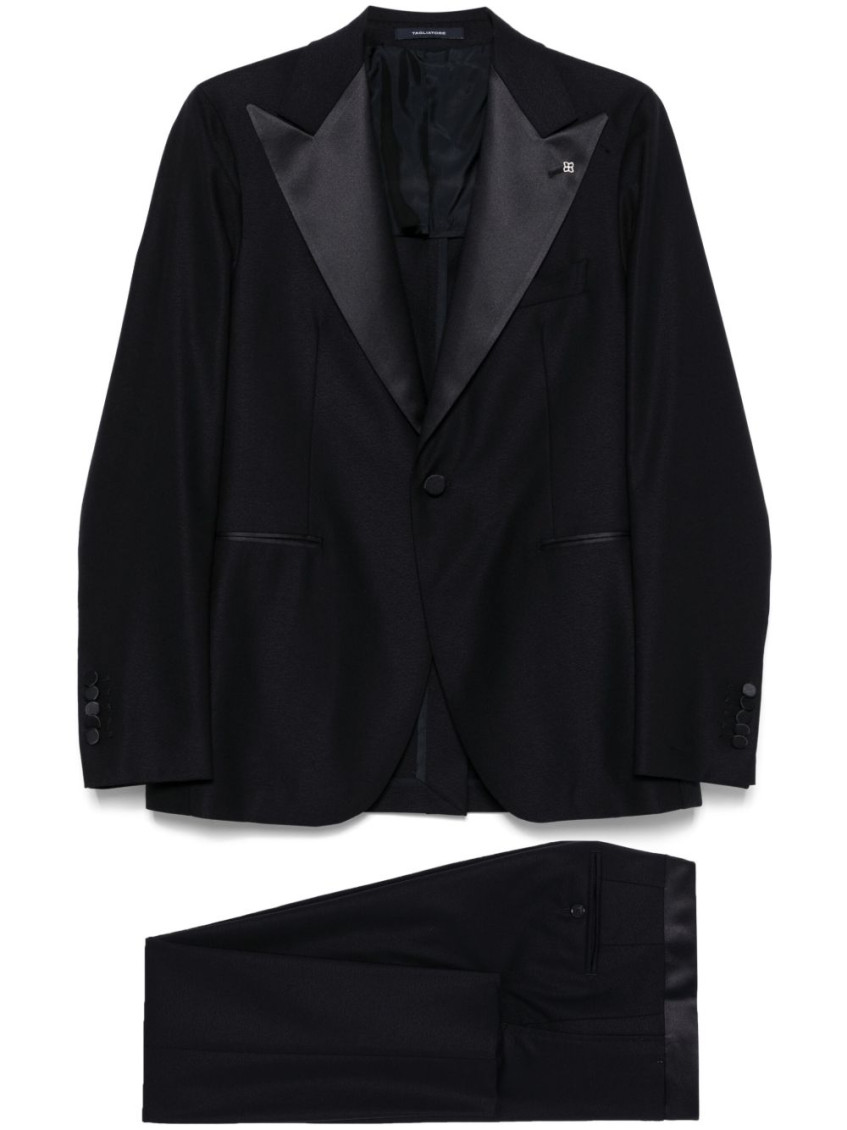 Tagliatore Blue Tailored Suit With Satin Lapel And Shoulders In Navy Blue
