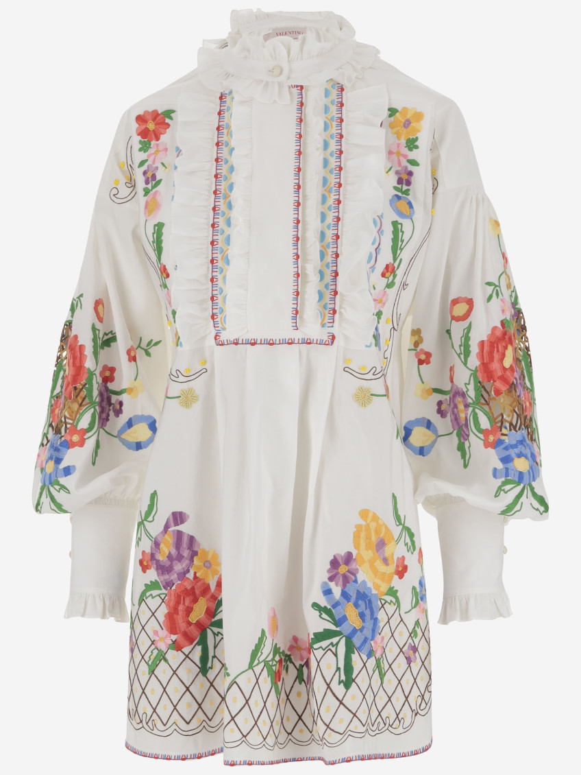 Valentino Embroidered Floral Pattern Shirt With Ruffled Collar In White