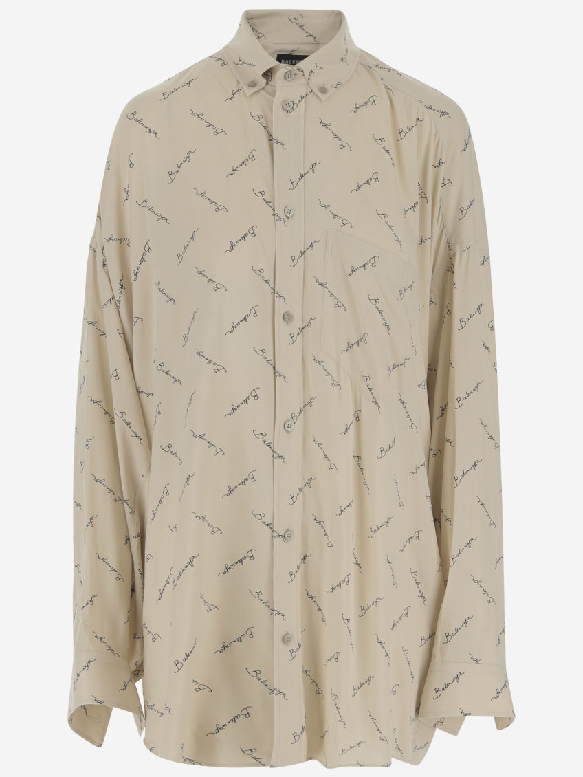 Balenciaga Beige Oversized Shirt With All-over Printed Logo In Viscose Woman In Multicolor