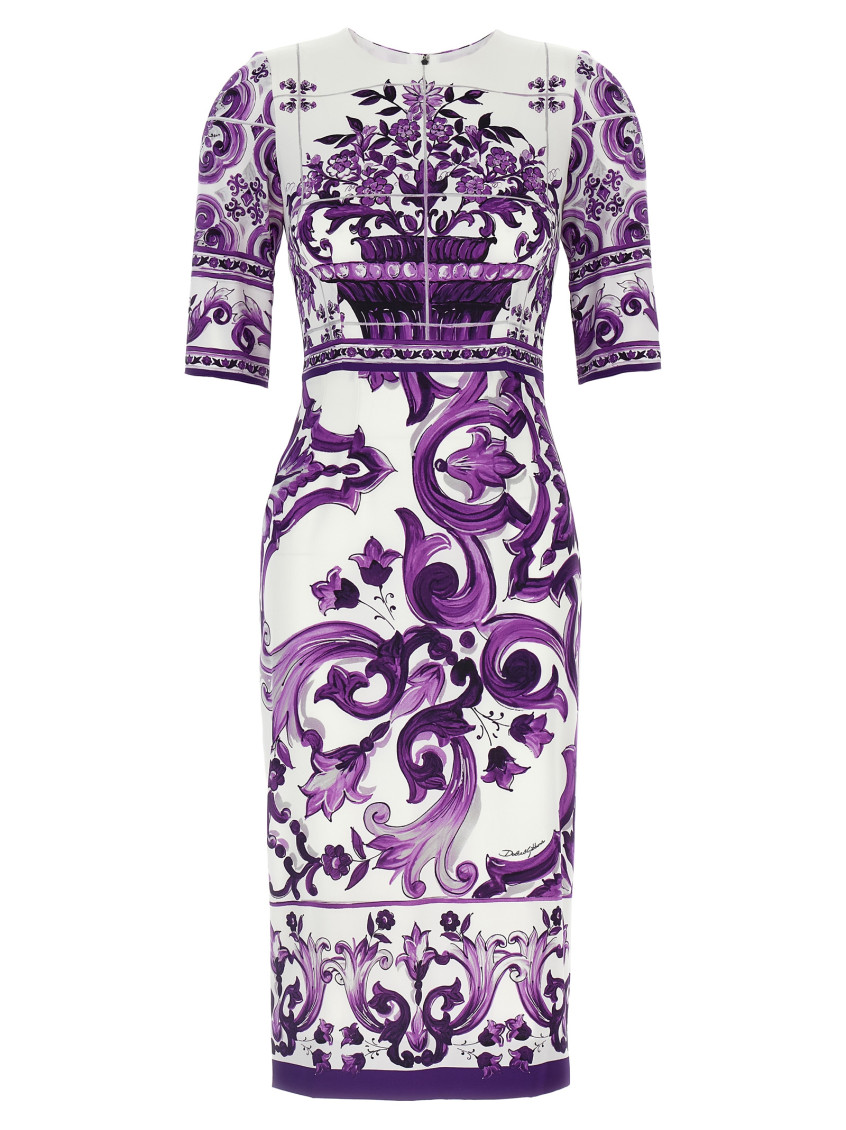 Dolce & Gabbana Violet Crewneck Dress With Rear Zip Closure And All-over Floral Print In Silk Stretch Woman In Purple