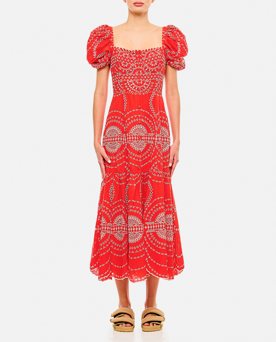 Charoruiz Red Embroidered Midi Dress