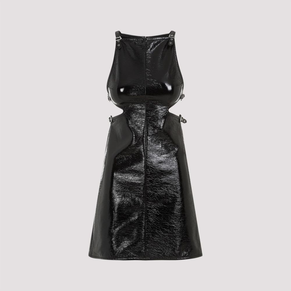 Courrèges Buckle-detailed Patent-finish Minidress In Black