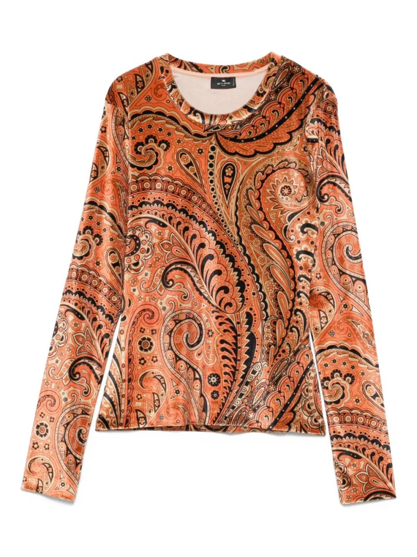 Etro Emerald Paisley Velvet Long Sleeve Crewneck In Multi
