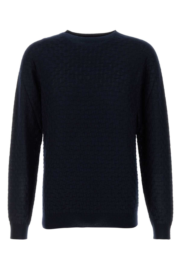 Giorgio Armani Cashmere Blend Crew Neck Sweater With Textured Pattern In Blue