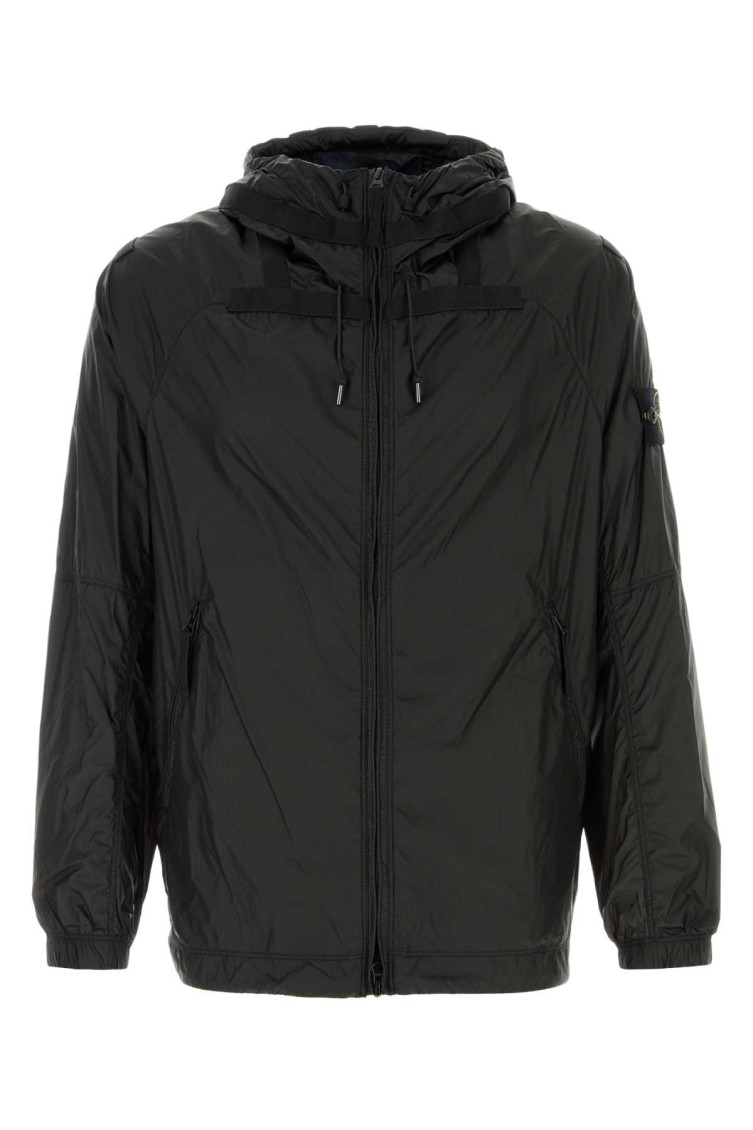 Stone Island Nylon Windbreaker With Hood And Pockets In Black