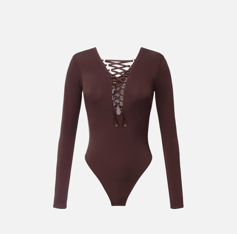 Elisabetta Franchi Lace-up Long-sleeve Bodysuit In Brown