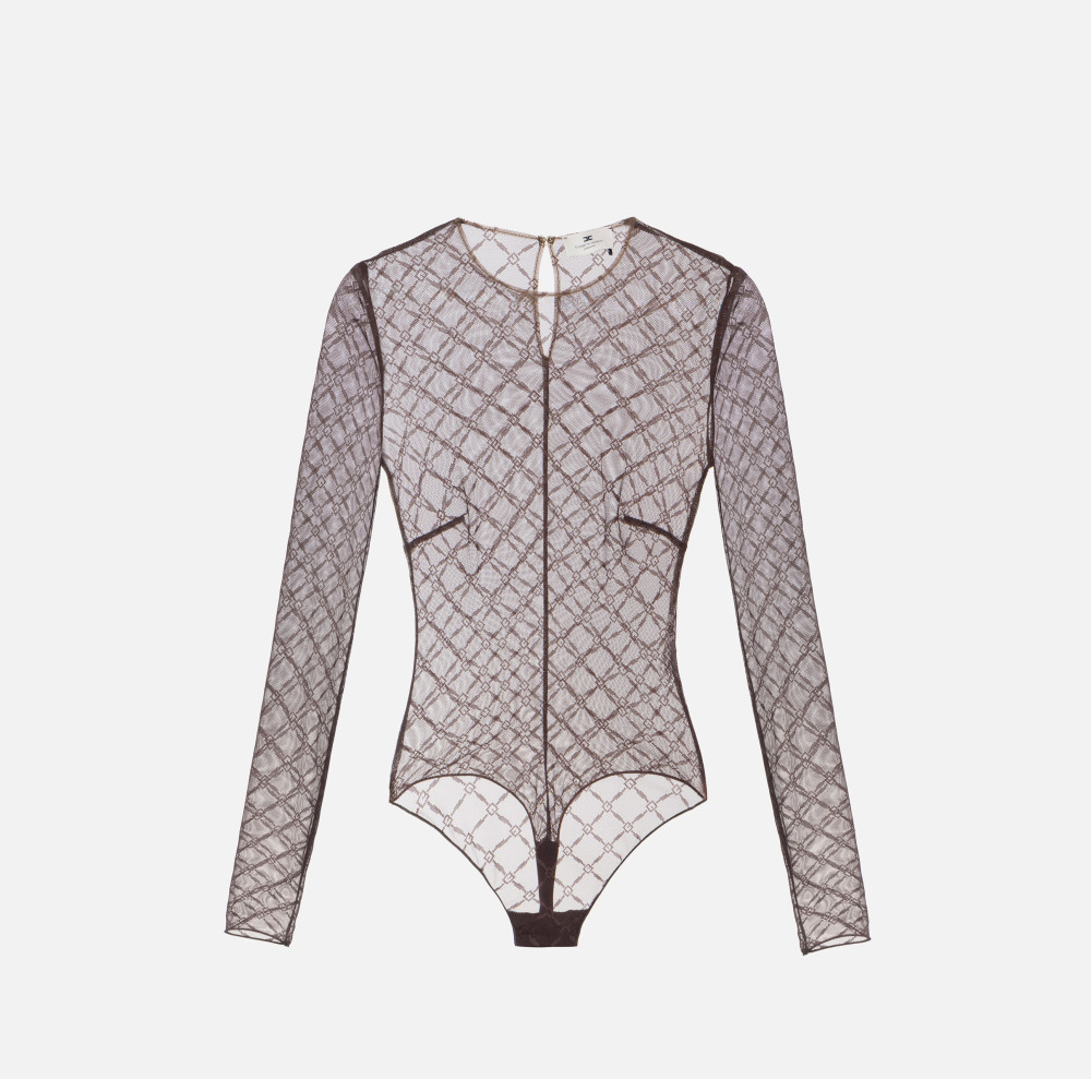 Elisabetta Franchi Bodysuit In Jacquard Tulle Fabric With Diamonds In Brown