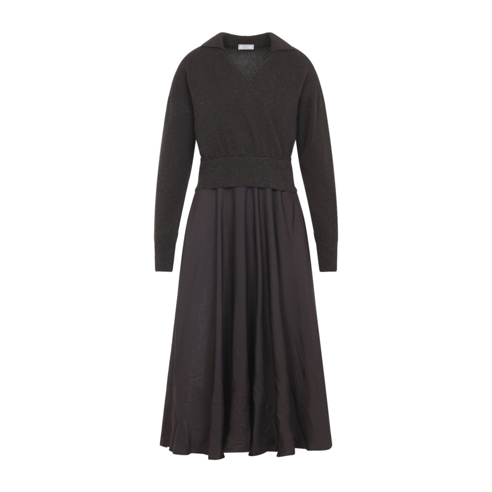 Peserico Ebony Brown Two-fabric Midi Dress With Pointed Collar In Brown