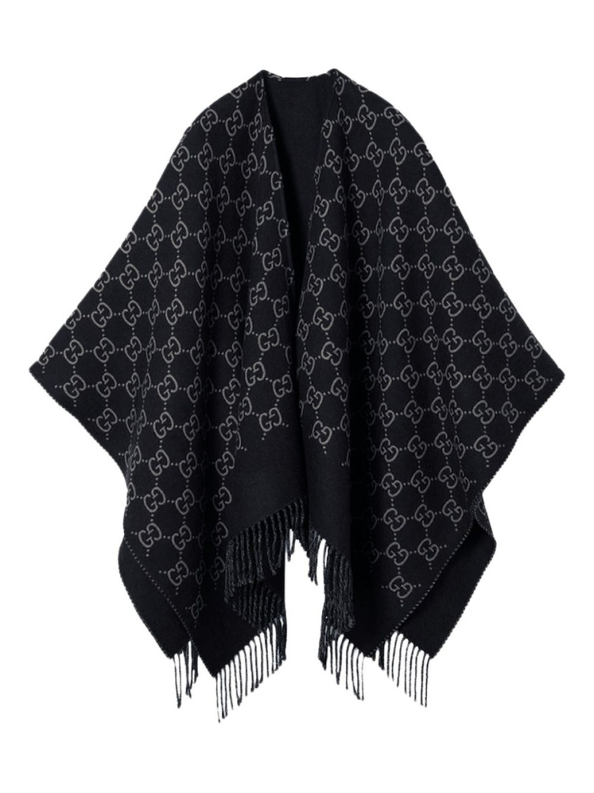 Gucci Black Gg-pattern Fringed Poncho In Black
