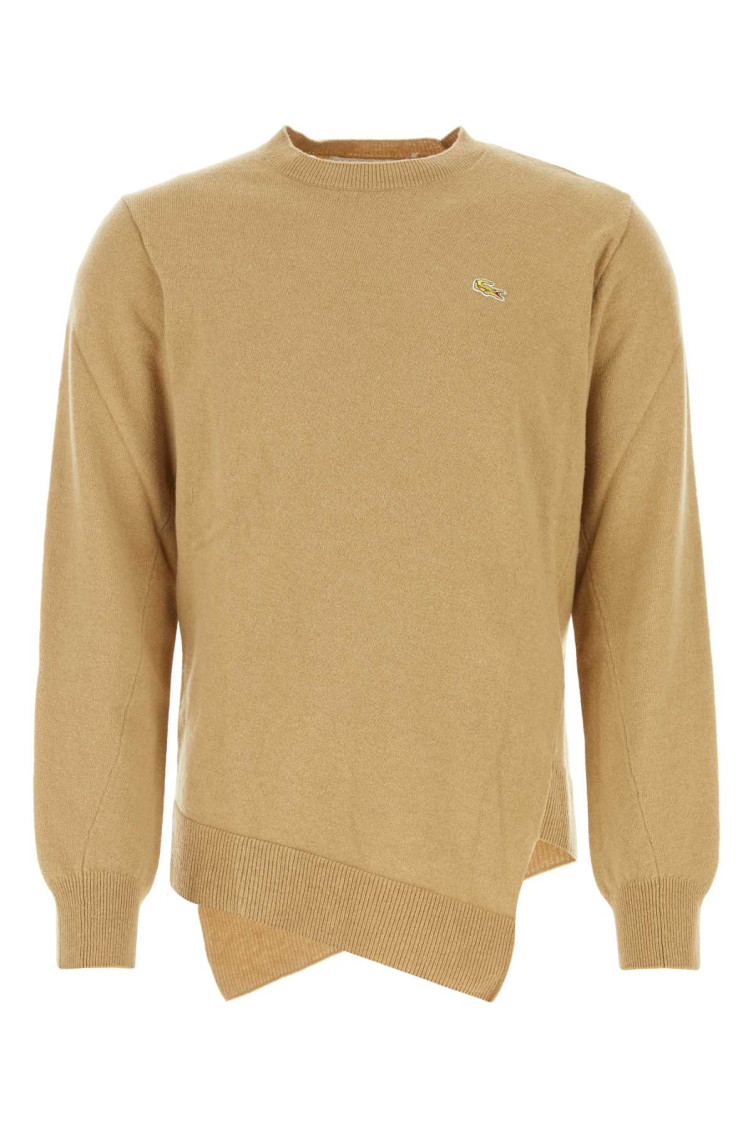 Comme Des Garçons Wool Blend Lacoste Sweater With Asymmetric Hemline In Light Brown