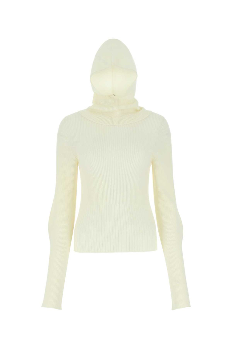 Low Classic Versatile Ribbed Wool Sweater With Detachable Balaclava In Off White