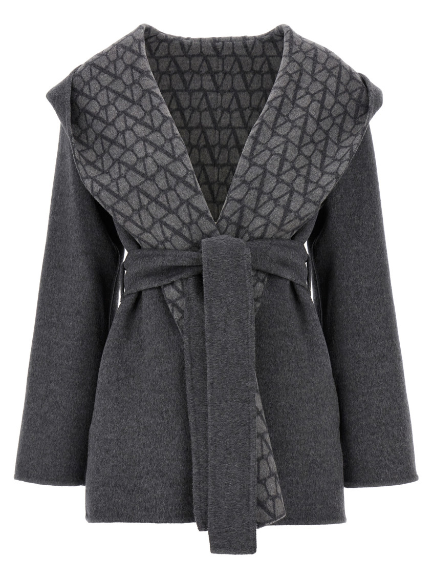 Valentino Reversible Toile Iconographe Coat In Dark Grey