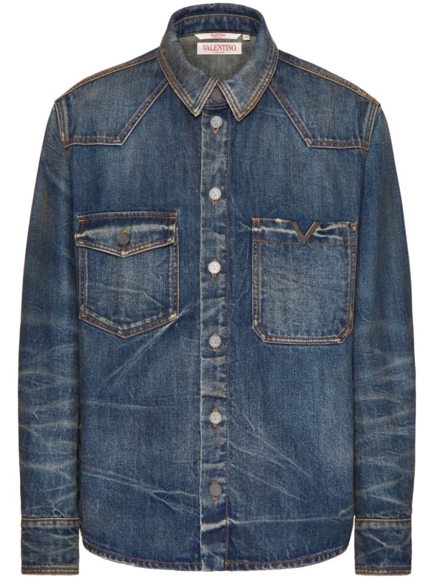 Valentino V-detail Denim Shirt In Blue