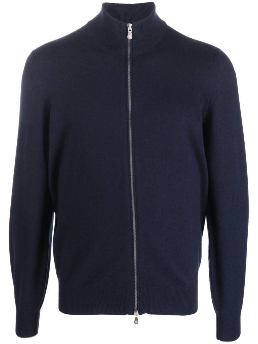 Brunello Cucinelli Cashmere High Neck Zip-up Cardigan In Blue