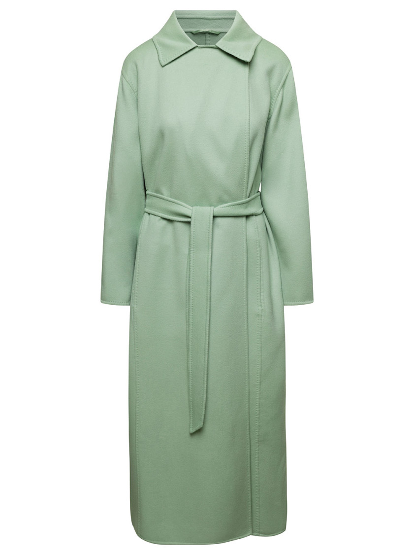 Max Mara Light Green Hans Long Coat With Belt In Wool Blend Woman In Green