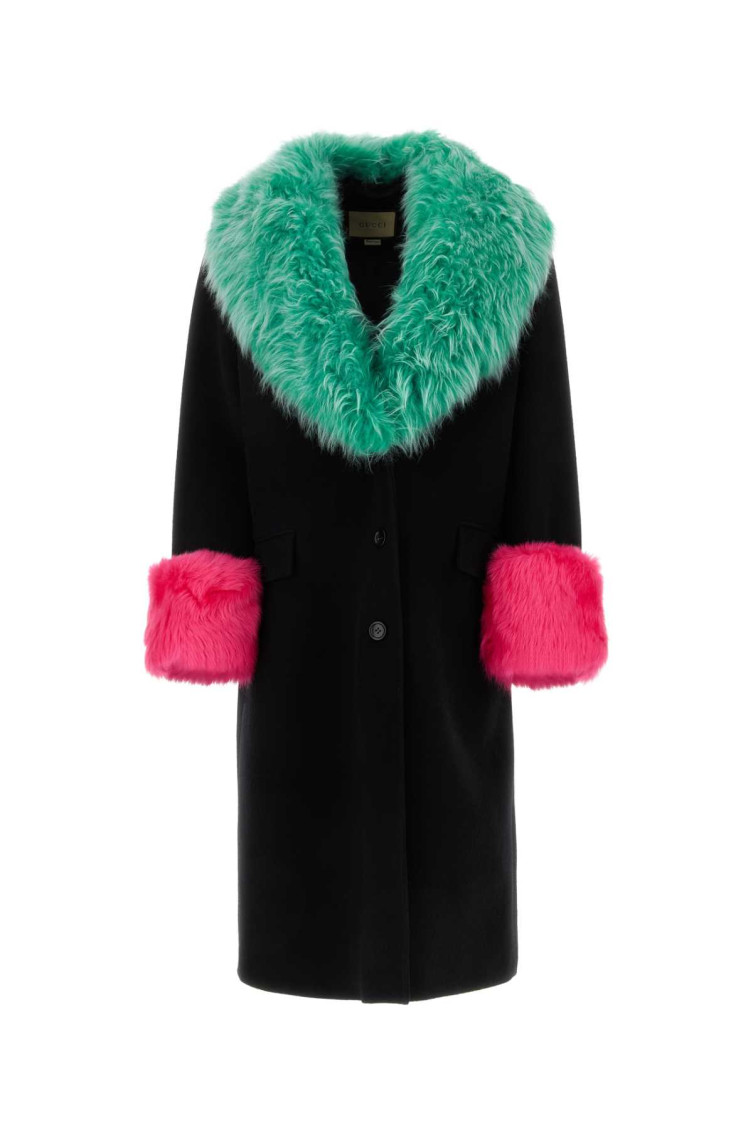 Gucci Black Contrast-trim Shearling-collar Coat In Black