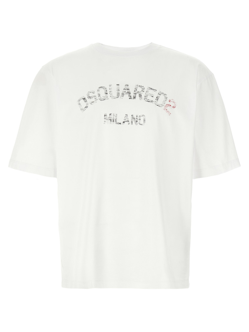Dsquared2 Loose Fit White Cotton Jersey T-shirt With Vintage-effect Logo In White