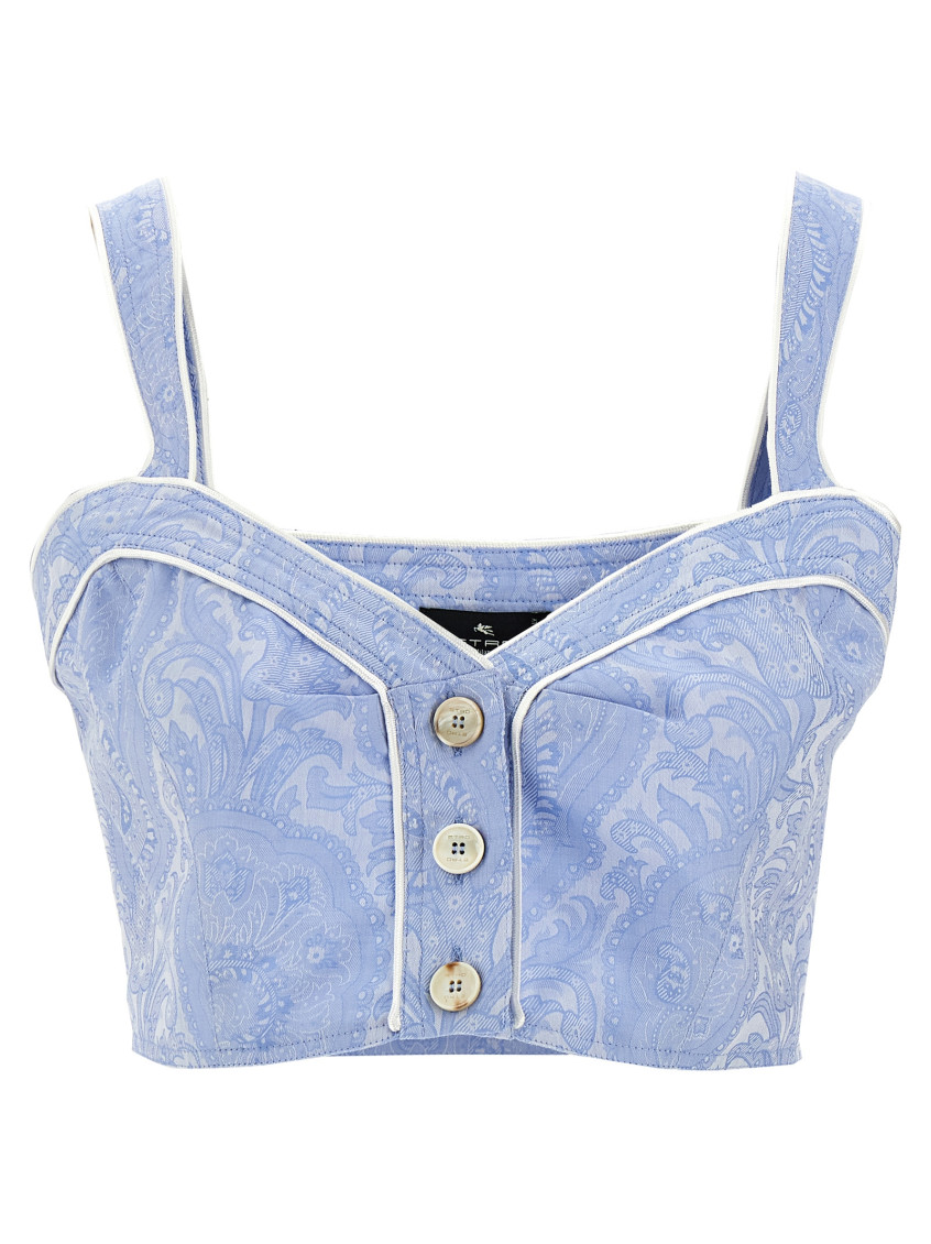 Etro Paisley Print Button Detail Cropped Top In Blue