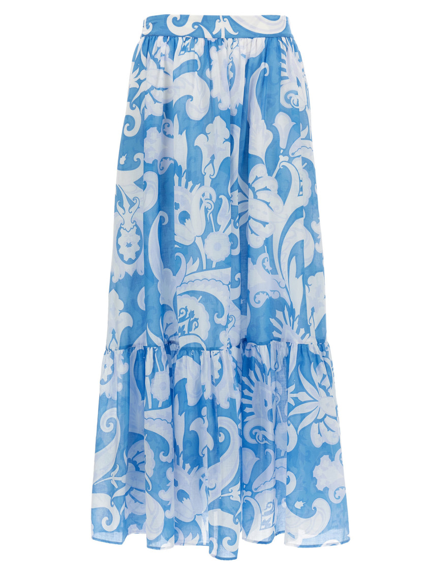 Etro Maxi Cotton Skirt With Contrasting Floral Paisley Print In Light Blue
