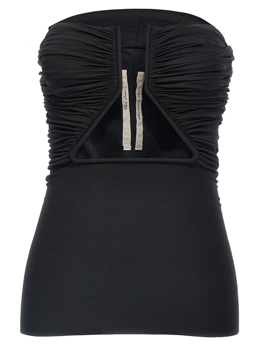 Rick Owens Off-the-shoulder Black Prong Bustier Top With Draping In Black