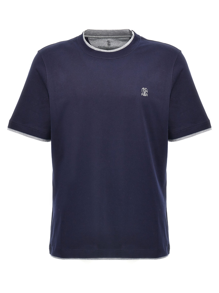 Brunello Cucinelli Short-sleeved Crew Neck T-shirt With Contrasting Stitching In Blue