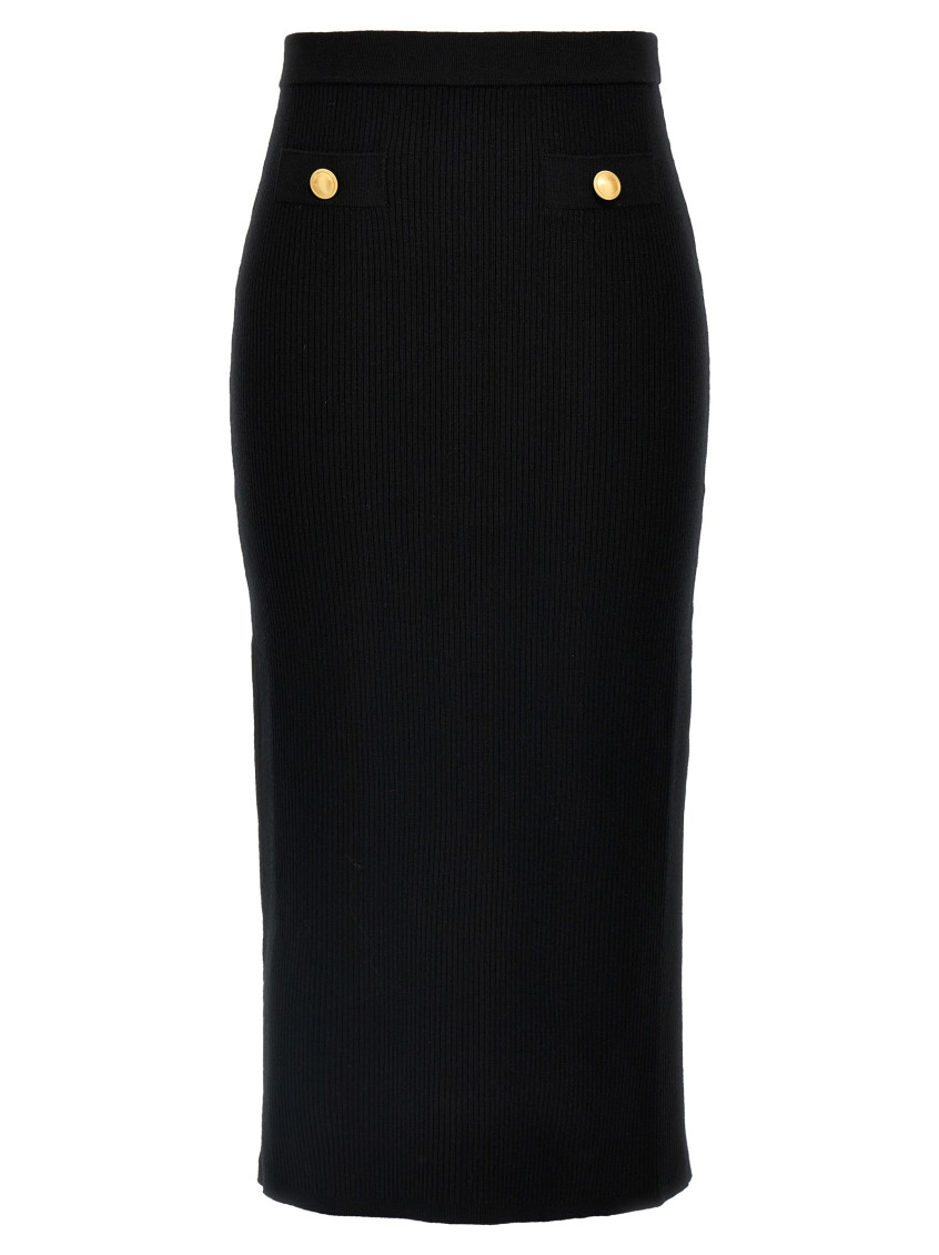 Alessandra Rich Ribbed Texture Midi Skirt With Front Slit In Black