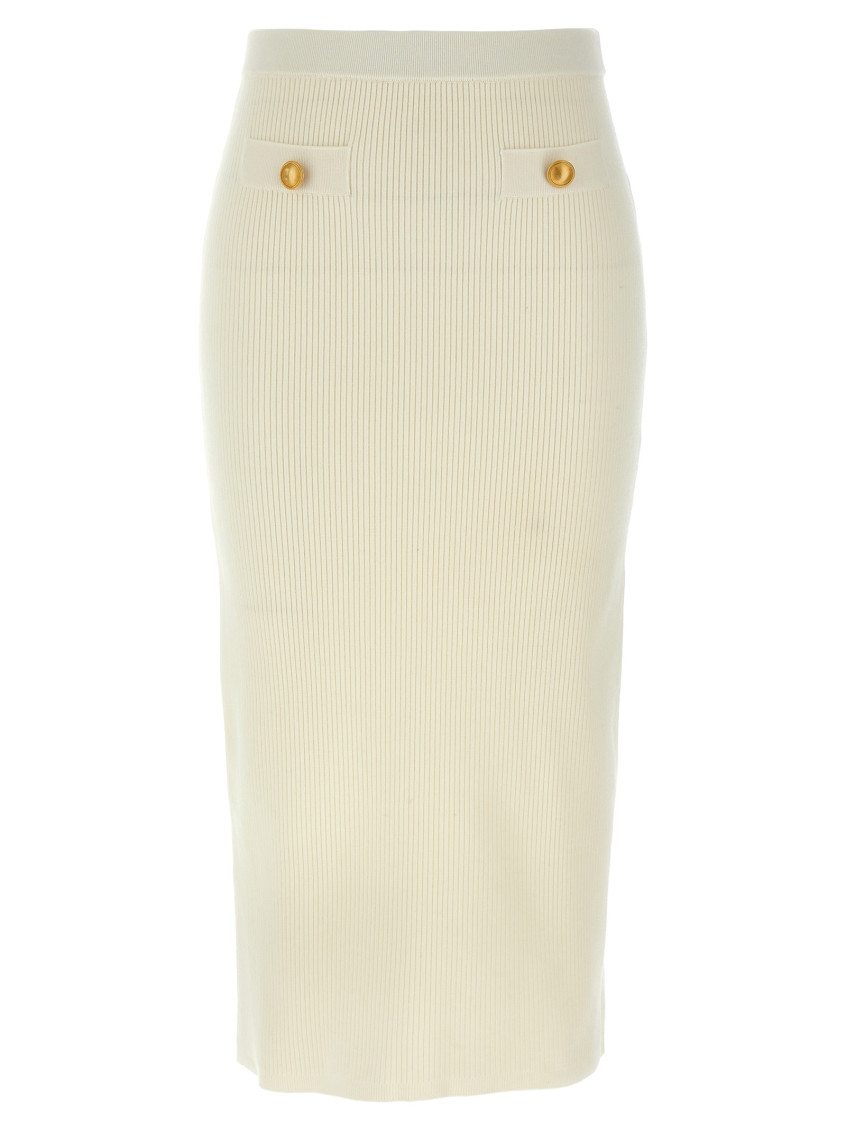 Alessandra Rich Ribbed High Waist Midi Skirt With Back Slit In White