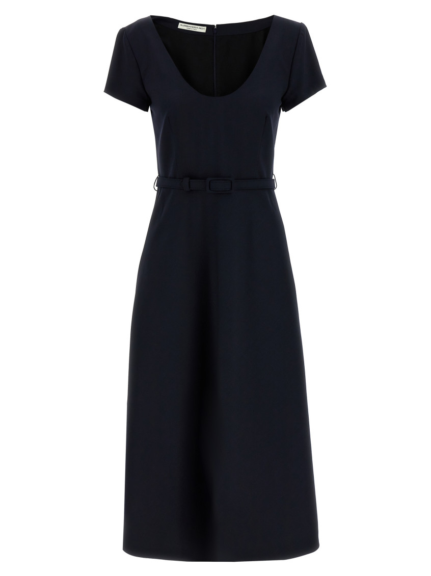 Alessandra Rich Light Wool Midi Dress With Belted Waist In Blue