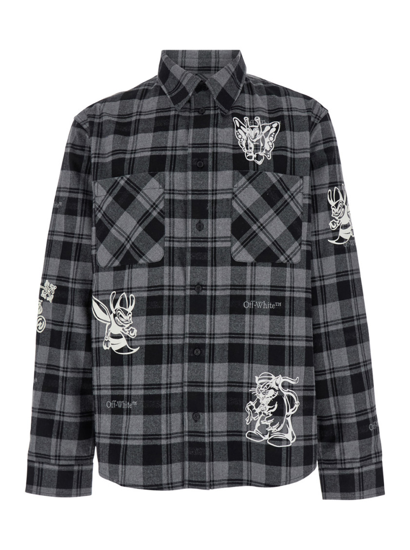 Off-white Grey And Black Shirt With Characters Print And Check Motif In Cotton Man In Black
