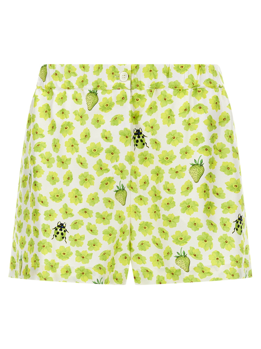 Versace Silk Twill Shorts With Strawberry Garden Print In Green