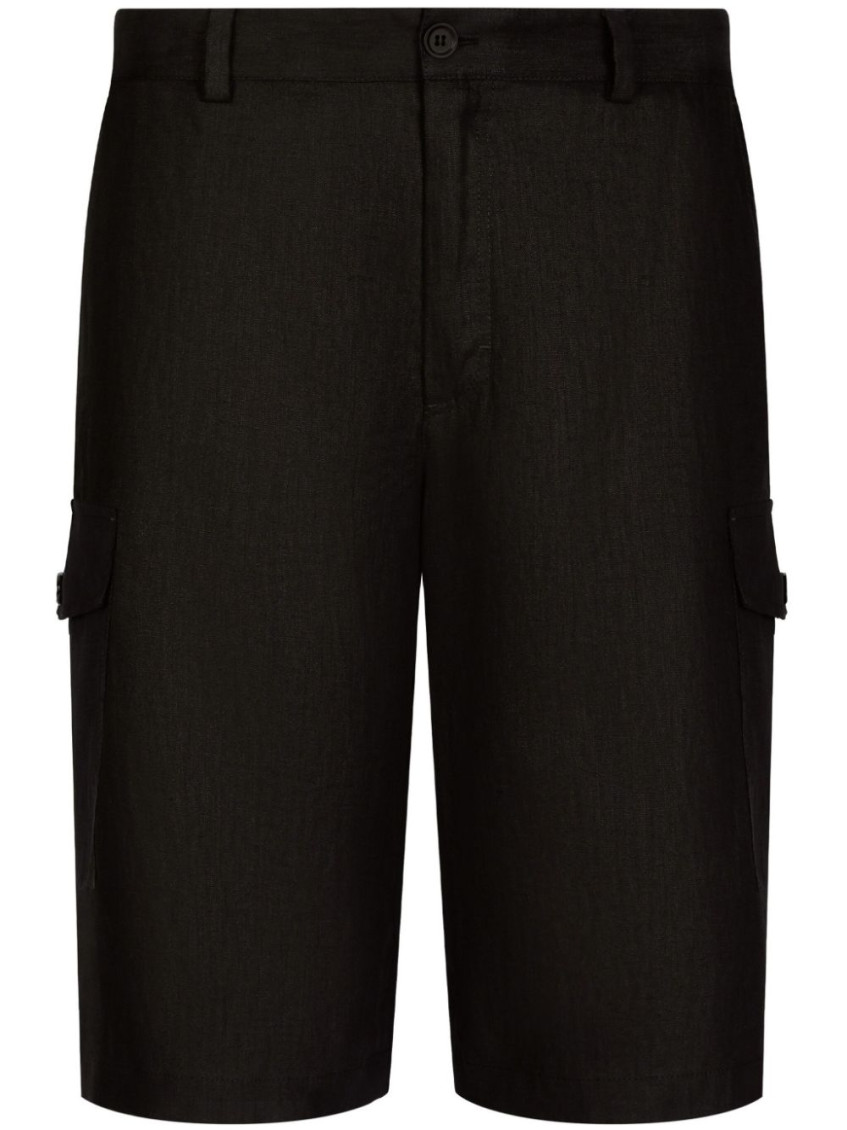 Dolce & Gabbana Black Bermuda Shorts With Pockets In Linen Man In Black