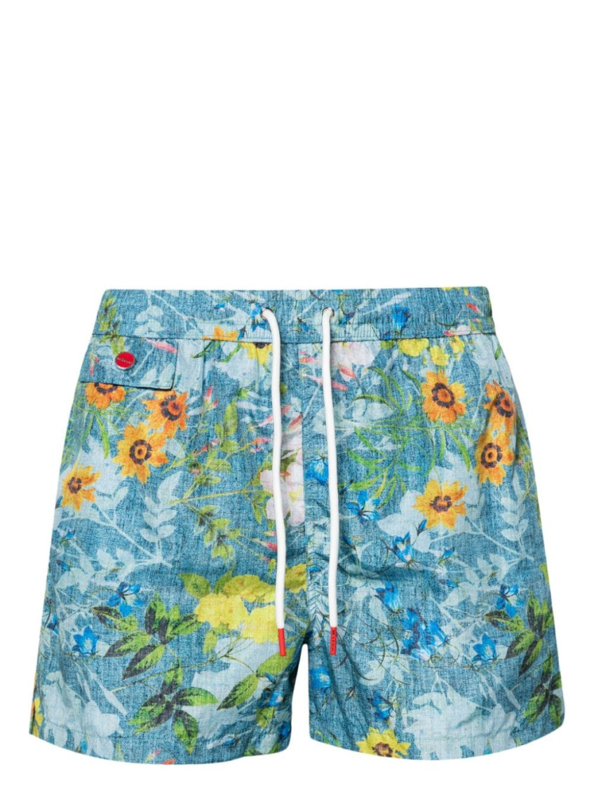 Kiton Floral Print Swim Shorts With Drawstring Waistband In Sky Blue