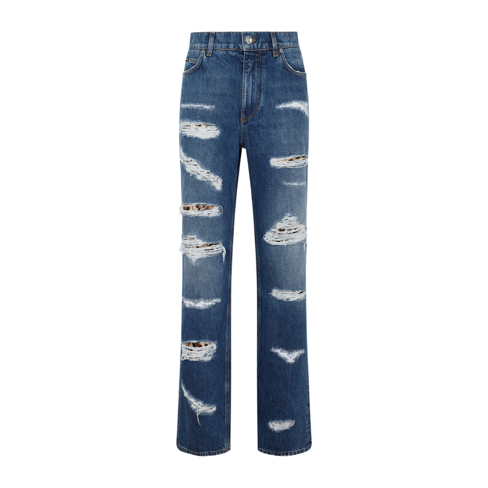 Dolce & Gabbana Distressed Jeans With Leo Print In Blue