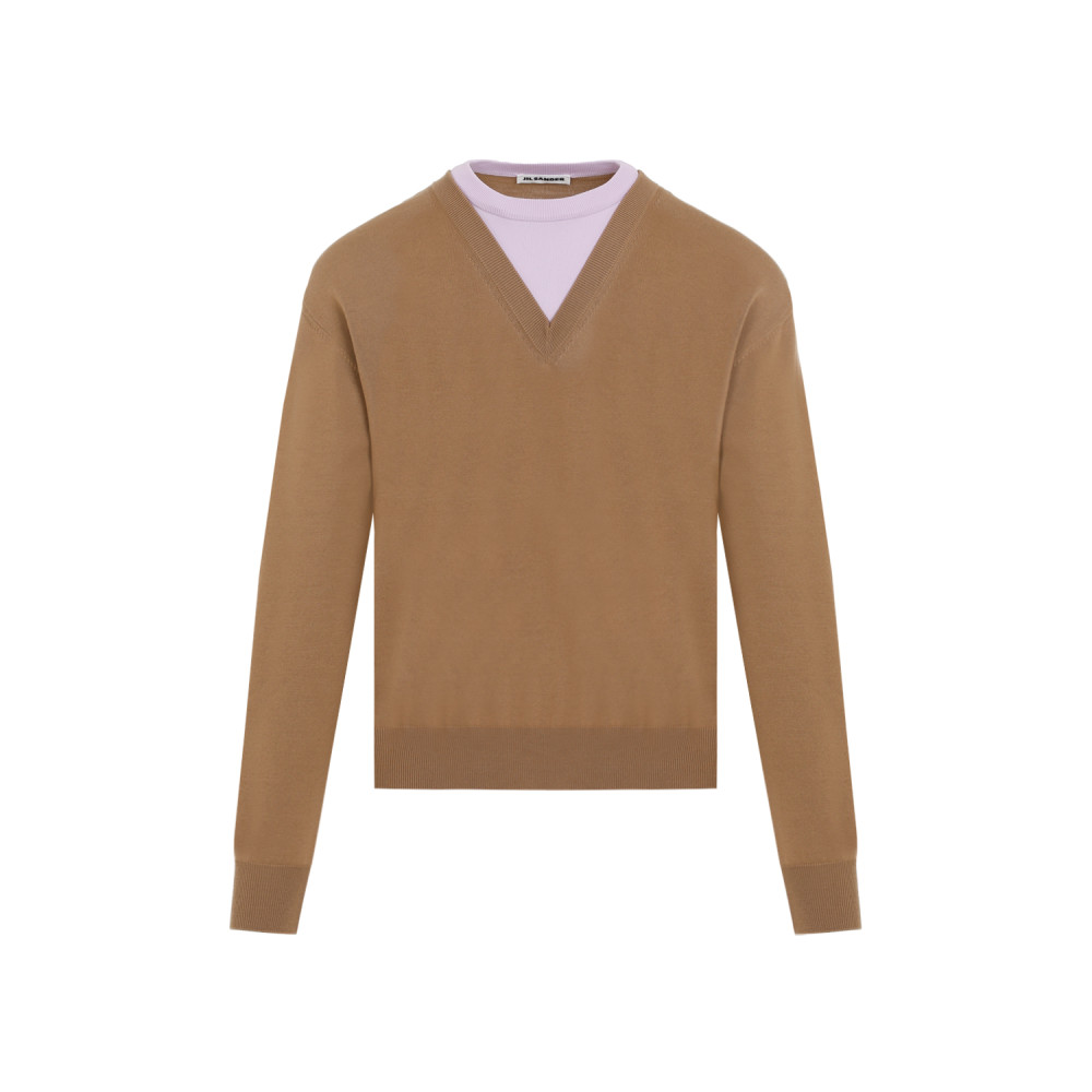 Jil Sander Brown And Lillac Double-neck Sweater In Wool Man In Light Brown