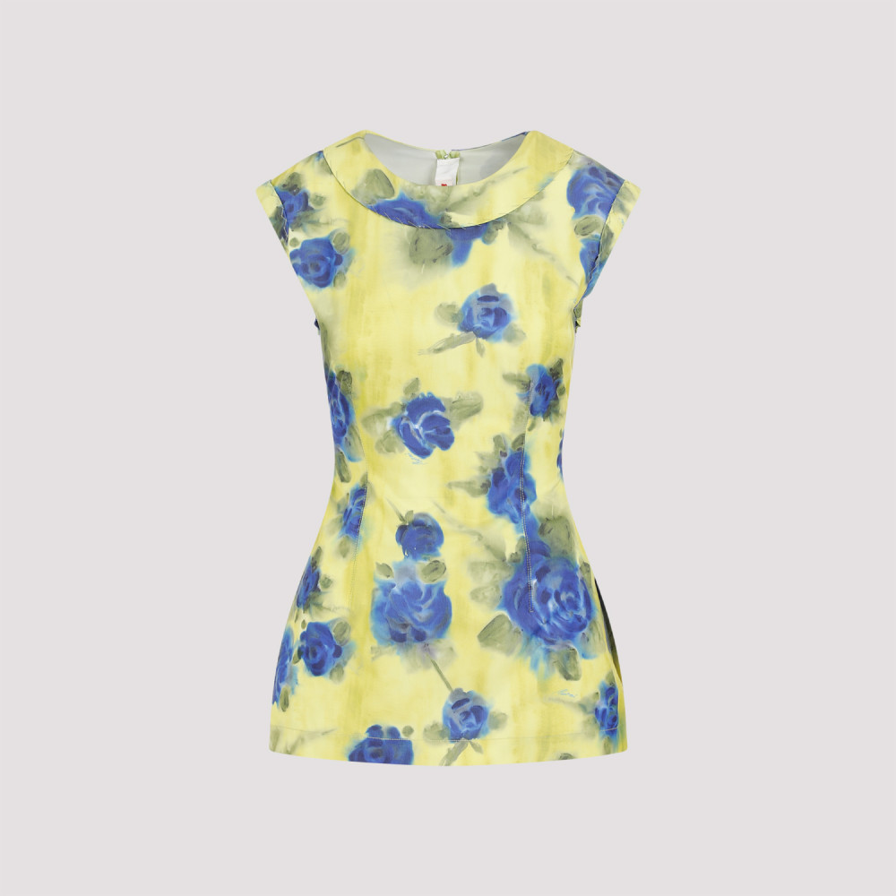 Marni Floral Print Top With Zig-zag Seam Detail In Yellow