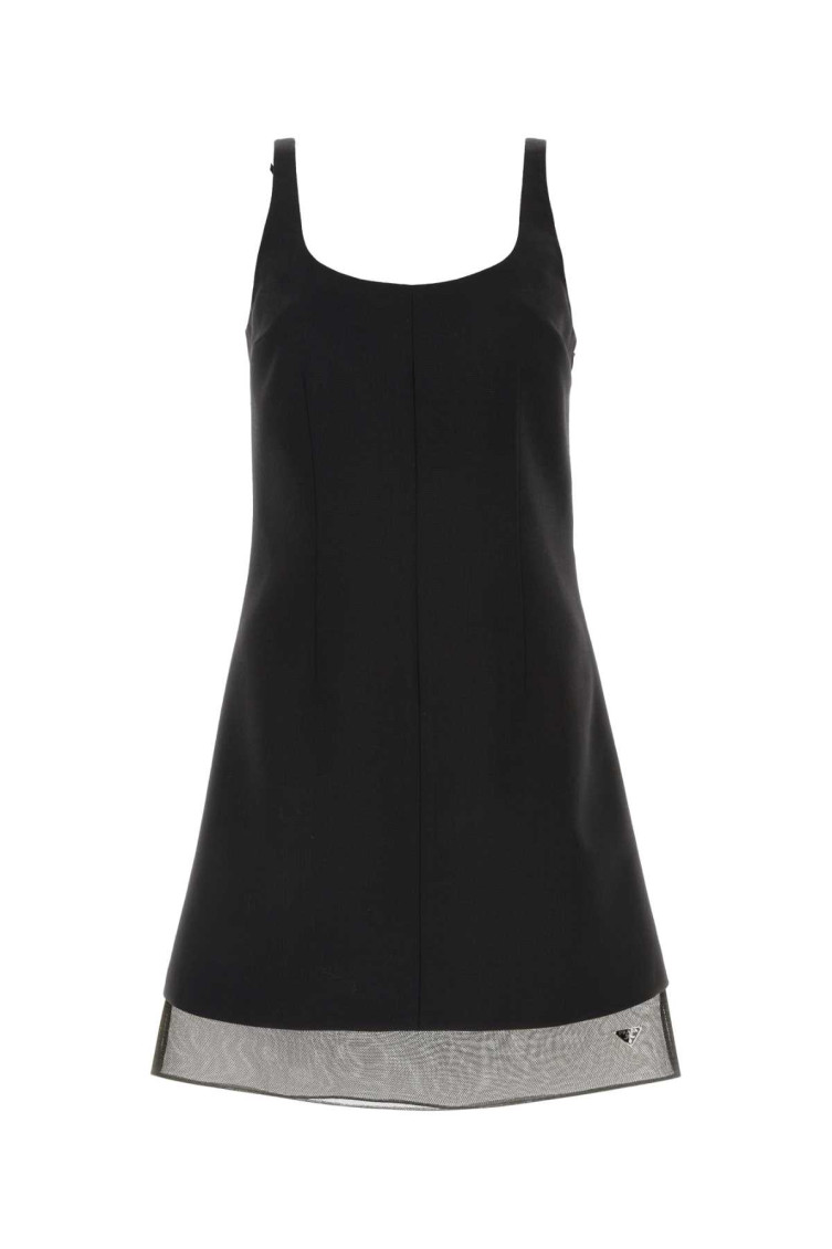 Prada Enamel Triangle-logo Wool Dress In Black