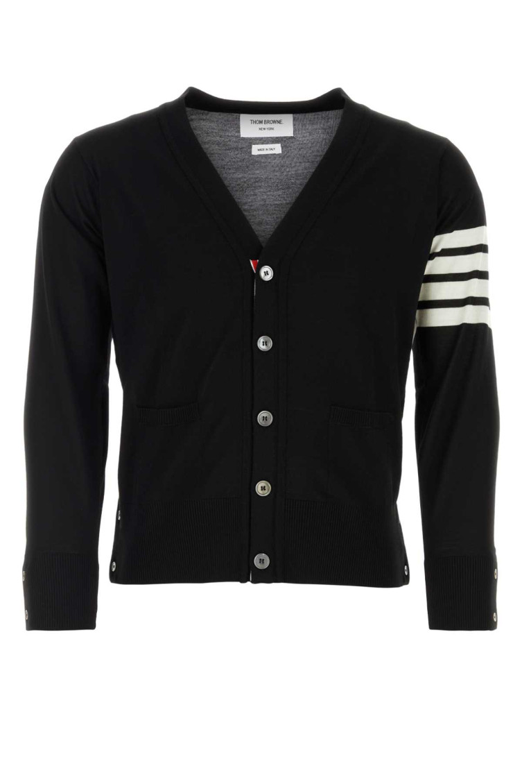 Thom Browne V-neck Cardigan With Stripes And Pockets In Black