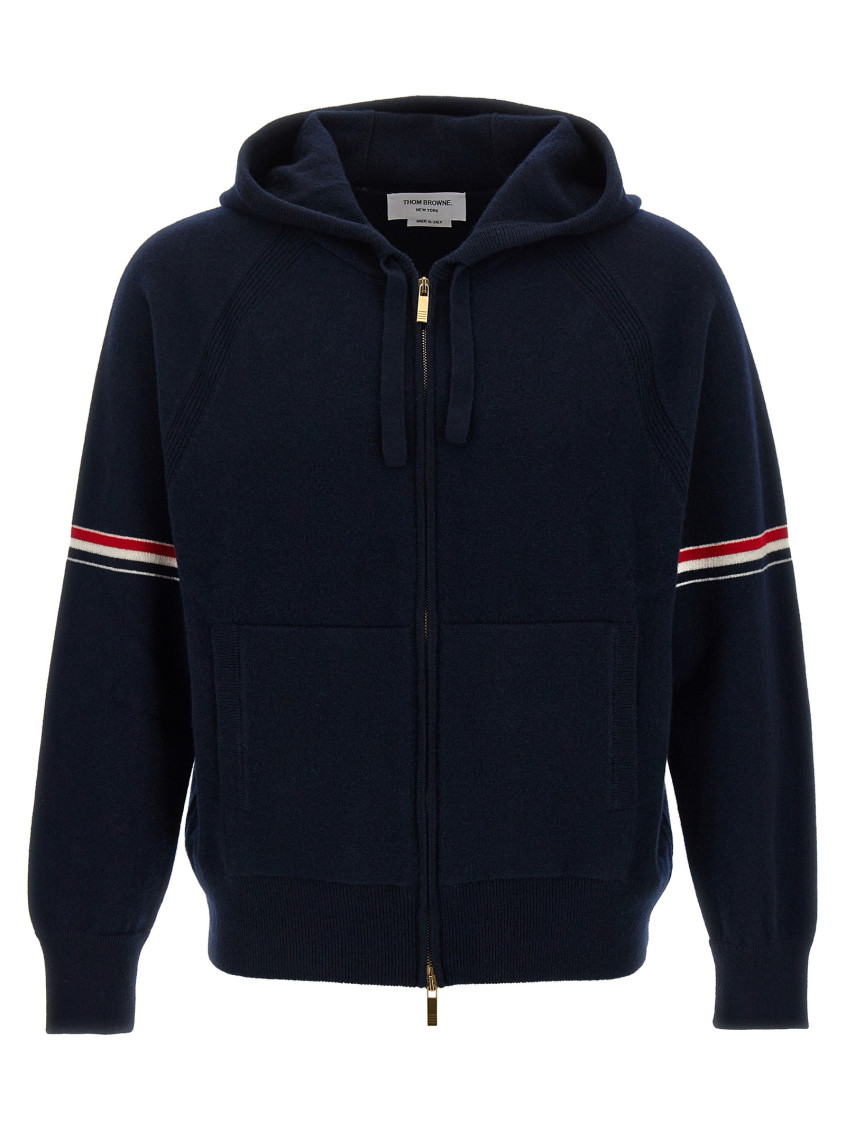 Thom Browne Zip-up Hoodie With Drawstring And Contrast Stripes In Dark Blue