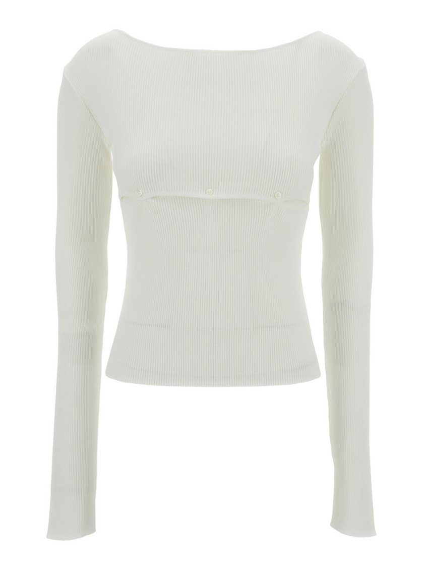 Low Classic White Ribbed Top With Boat Neckline And Buttons In Rayon Blend Woman In White