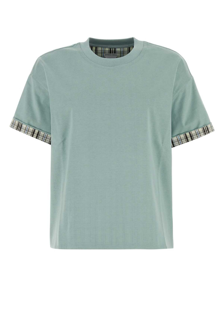 Bottega Veneta Cotton T-shirt With Checked Trim And Foldable Cuffs In Light Blue