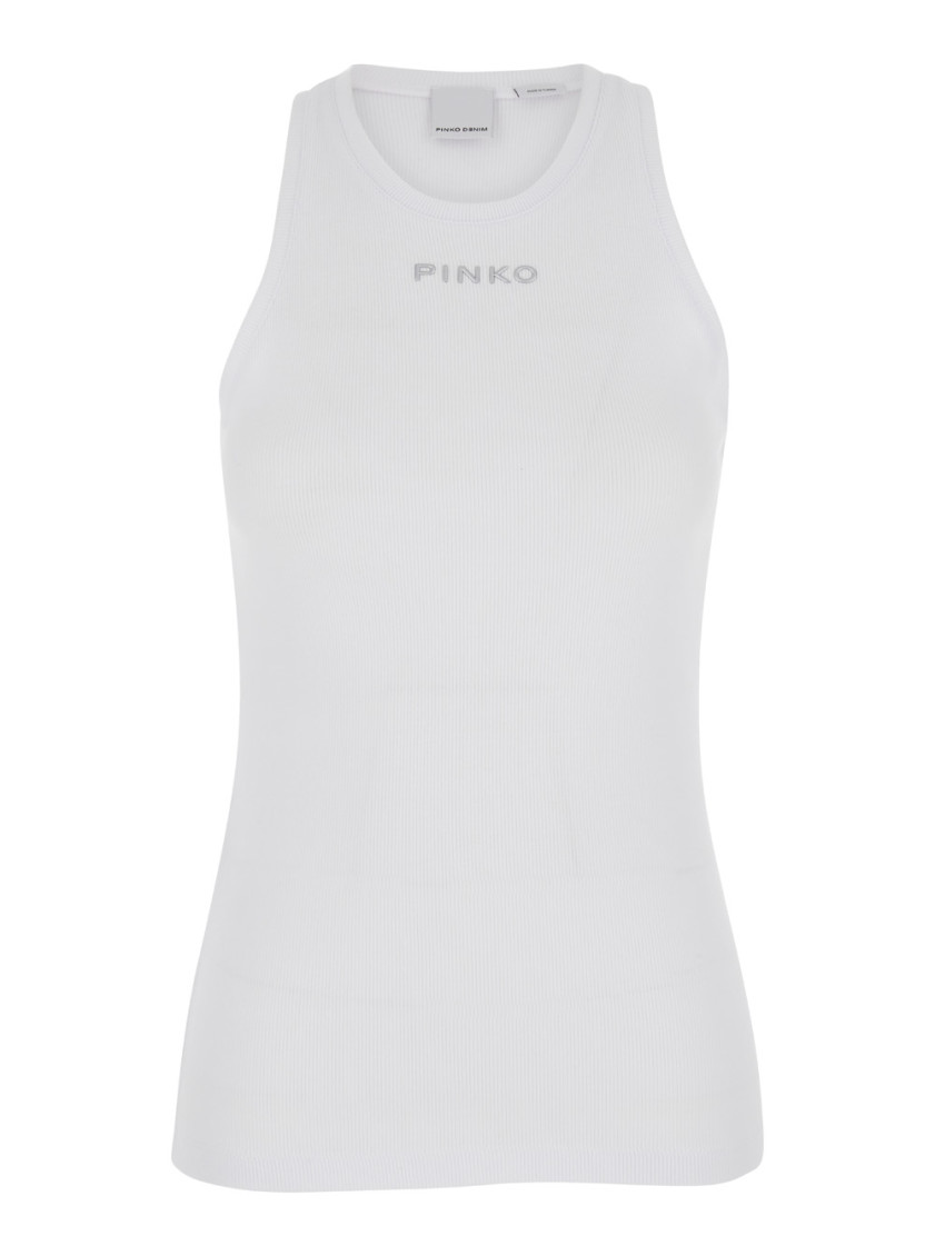 Pinko Ribbed Camisole Top With Logo In White
